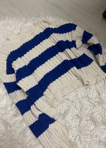 Mavi Beyaz Çizgili Örgü Kadın Kazak - Görsel 2