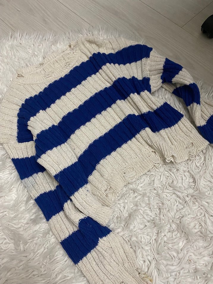 Mavi Beyaz Çizgili Örgü Kadın Kazak - Görsel 2