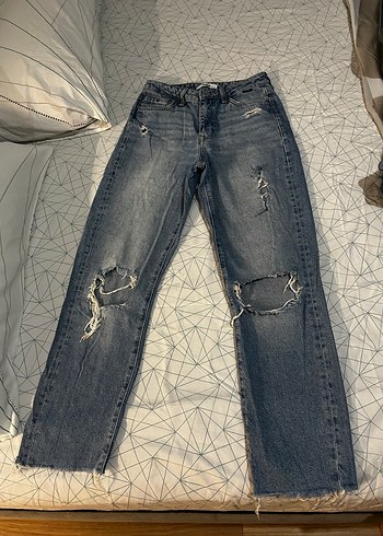 Kadın Mavi Yırtık Bol Kesim Midi Denim Jean
