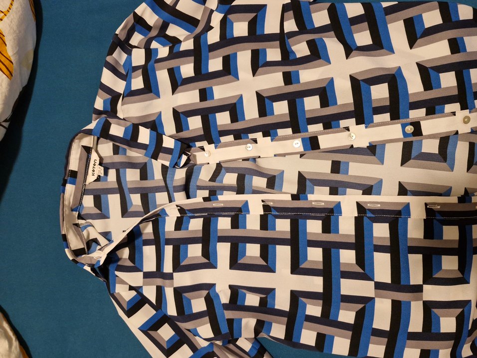 Mavi ve Gri Geometrik Desenli Kumaş koton gömlek - Görsel 5