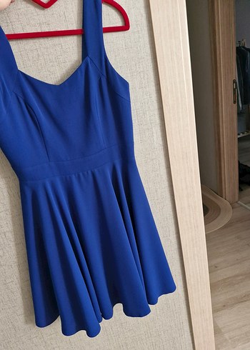 Saks mavi v Yaka Midi Kadın Elbise - Görsel 7