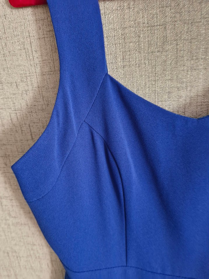 Saks mavi v Yaka Midi Kadın Elbise - Görsel 4