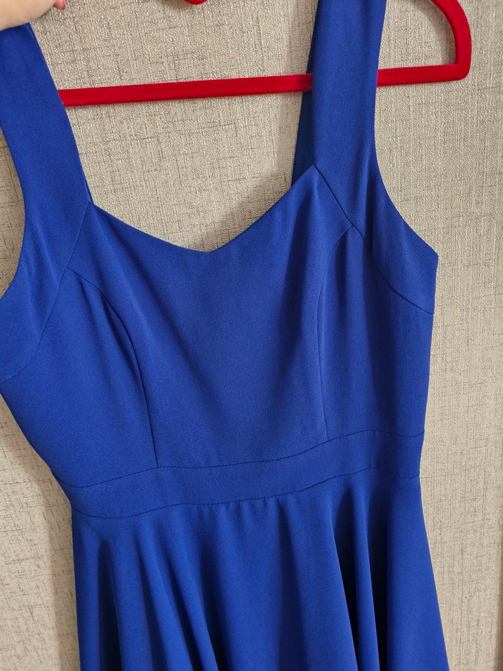 Saks mavi v Yaka Midi Kadın Elbise - Görsel 5