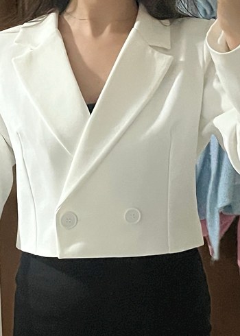 Beyaz Mini Kadın Blazer Ceket - Görsel 4