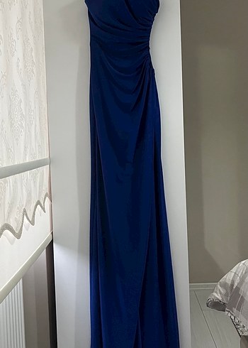 Mavi Drapeli Straplez Uzun Abiye Elbise - Görsel 4