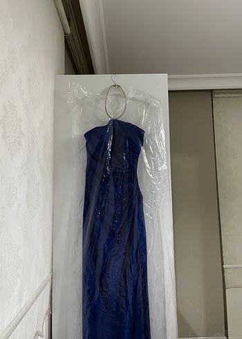 Mavi Drapeli Straplez Uzun Abiye Elbise - Görsel 3