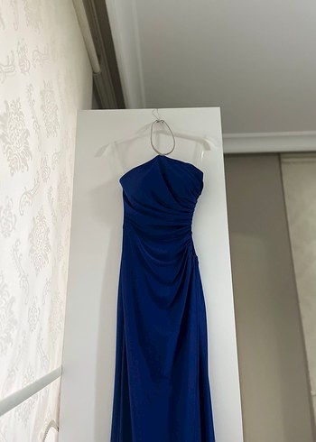 Mavi Drapeli Straplez Uzun Abiye Elbise - Görsel 2