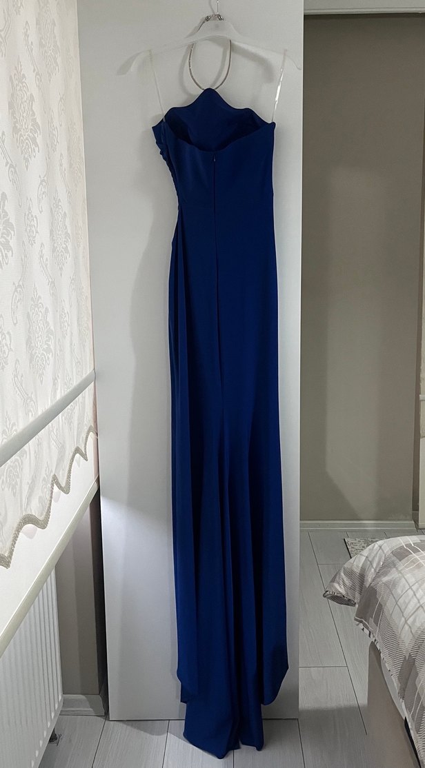 Mavi Drapeli Straplez Uzun Abiye Elbise - Görsel 5