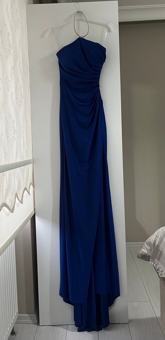 Mavi Drapeli Straplez Uzun Abiye Elbise - Görsel 4