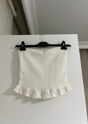 Beyaz Fırfırlı Straplez Keten Mini Bluz - Görsel 2