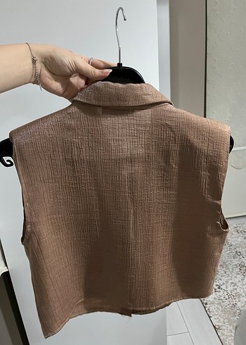 Düğmeli Kolsuz Kahverengi Keten Gömlek - Görsel 3