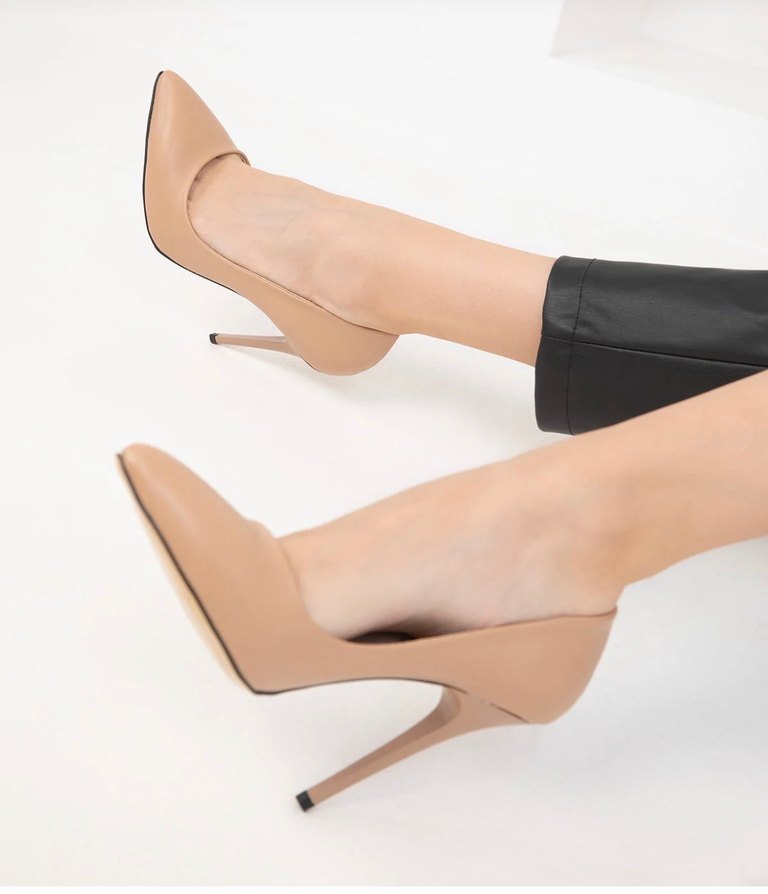 Bej Deri Bağcıklı Stiletto Topuklu Kadın Ayakkabı - Görsel 2