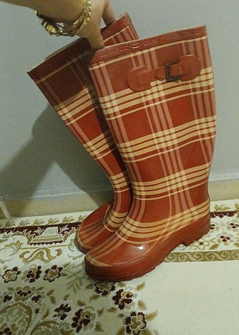 Kahverengi Kareli Kadın Dizüstü Lastik Çizme - Görsel 3