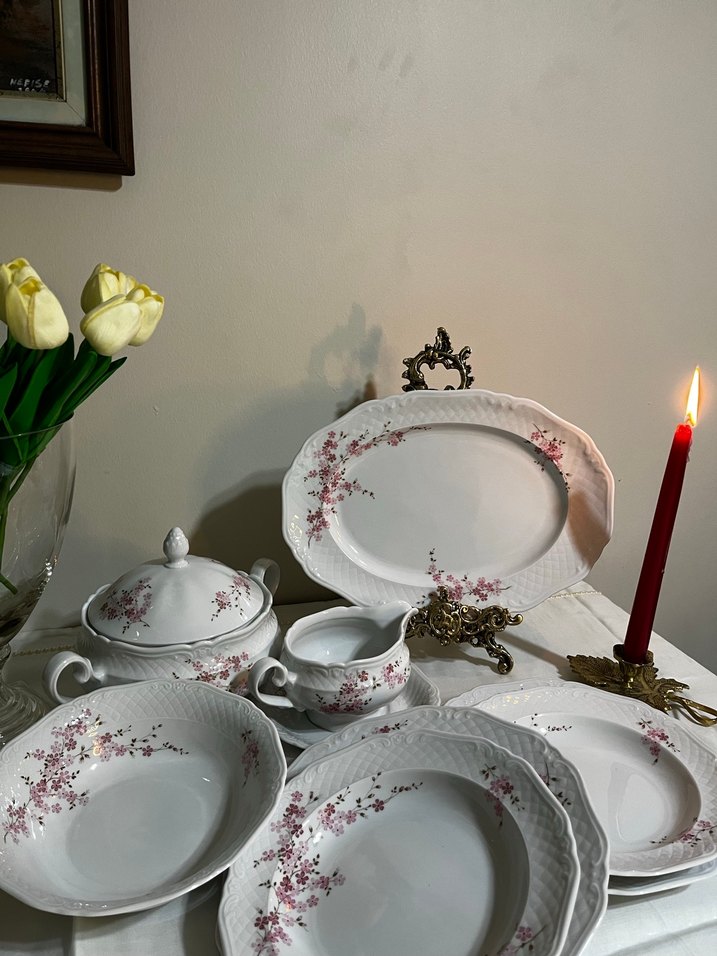 Alman damga 6 kişilik Beyaz Çiçek Desenli Porselen Yemek Takımı - Görsel 2