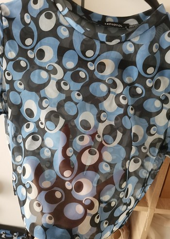 Mavi Mini Baskılı Kadın Tişört - Görsel 4