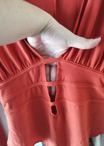 Kiremit rengi V Yaka Drapeli Uzun Kollu Bluz - Görsel 7