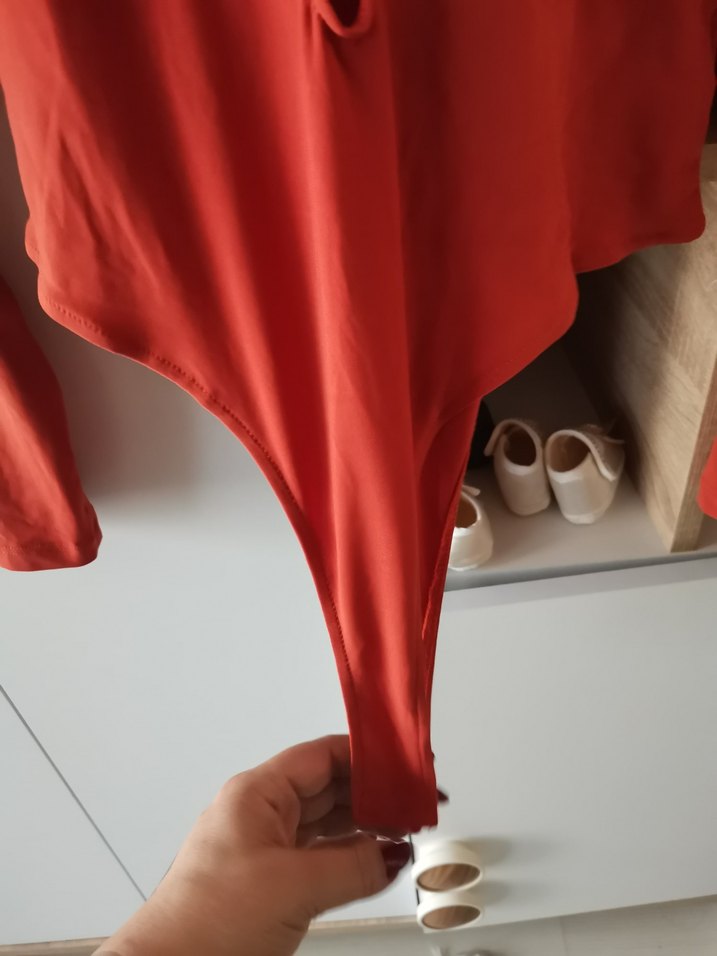 Kiremit rengi V Yaka Drapeli Uzun Kollu Bluz - Görsel 4