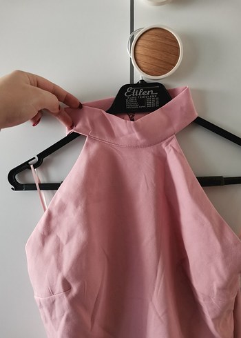 Pembe Drapeli Halter Yaka Uzun Elbise - Görsel 2