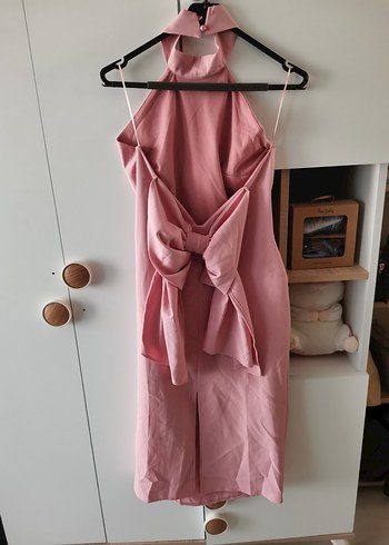 Pembe Drapeli Halter Yaka Uzun Elbise - Görsel 5