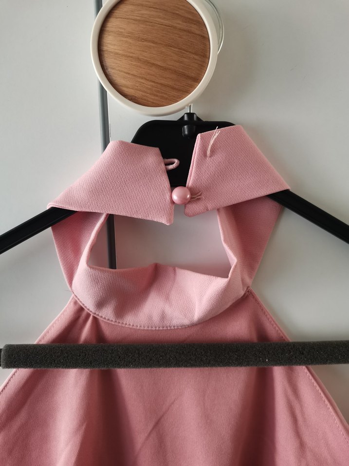 Pembe Drapeli Halter Yaka Uzun Elbise - Görsel 4