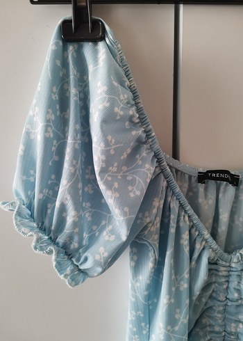 Mavi V Yaka Midi Bohem Elbise - Görsel 2