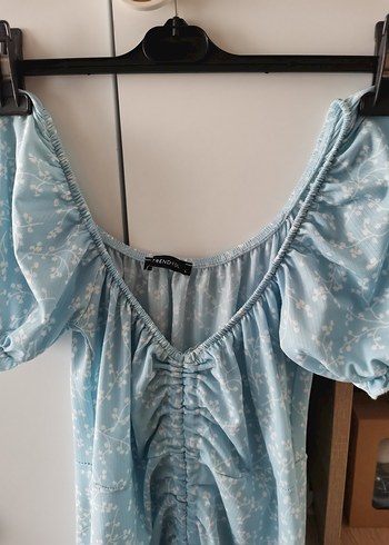 Mavi V Yaka Midi Bohem Elbise - Görsel 5