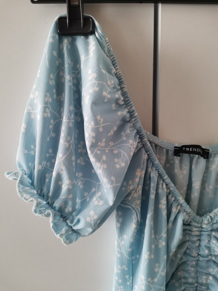 Mavi V Yaka Midi Bohem Elbise - Görsel 2