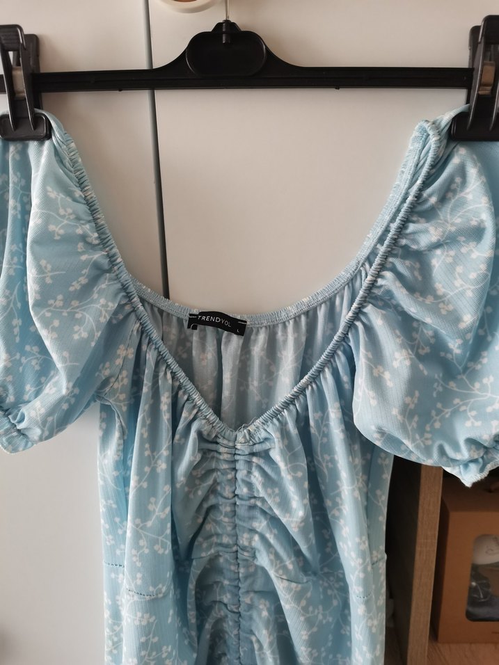 Mavi V Yaka Midi Bohem Elbise - Görsel 5