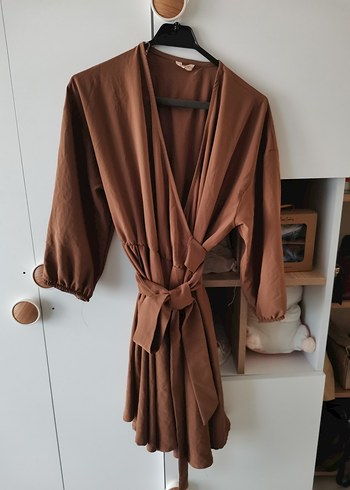 Kahverengi Midi Boy Drapeli elbise - Görsel 4