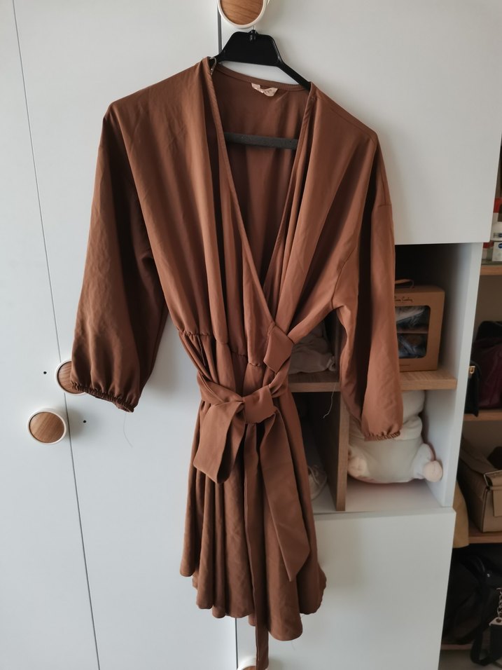 Kahverengi Midi Boy Drapeli elbise - Görsel 4