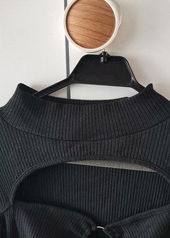 Yüksek Yaka Siyah Uzun Kollu Triko Elbise - Görsel 3