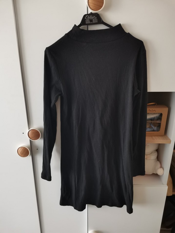 Yüksek Yaka Siyah Uzun Kollu Triko Elbise - Görsel 5