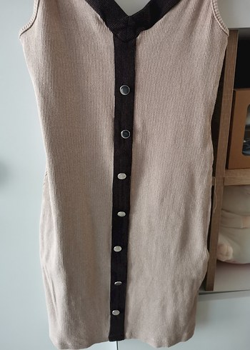 Bej Süet Düğmeli V Yaka Midi Elbise - Görsel 3