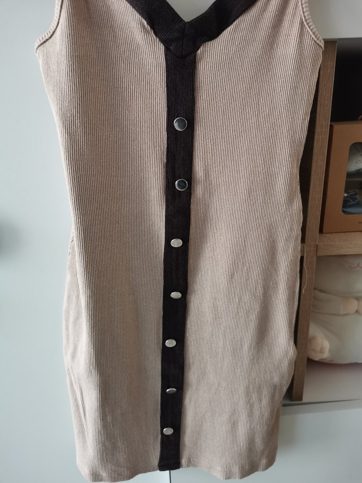 Bej Süet Düğmeli V Yaka Midi Elbise - Görsel 3