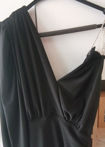 Drapeli Siyah Uzun V Yakalı Strappy Elbise - Görsel 2