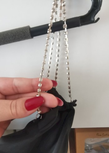 Drapeli Siyah Uzun V Yakalı Strappy Elbise - Görsel 3