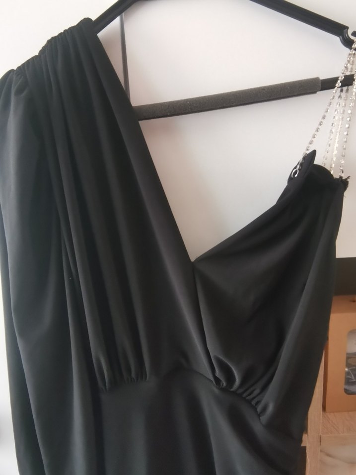 Drapeli Siyah Uzun V Yakalı Strappy Elbise - Görsel 2