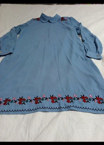 Nakışlı Uzun Kollu Mavi Bohem Tunik - Görsel 3