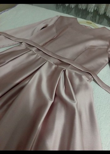 Bej Uzun Drapeli Kadın Abiye Elbise pudra pembesi - Görsel 5