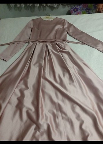 Bej Uzun Drapeli Kadın Abiye Elbise pudra pembesi - Görsel 2