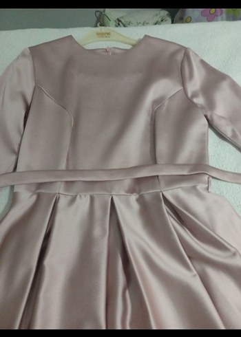 Bej Uzun Drapeli Kadın Abiye Elbise pudra pembesi - Görsel 3