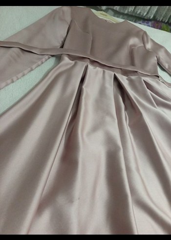 Bej Uzun Drapeli Kadın Abiye Elbise pudra pembesi - Görsel 4