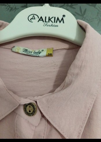 Düğmeli Pembe Uzun Kollu Kadın gömlek - Görsel 5
