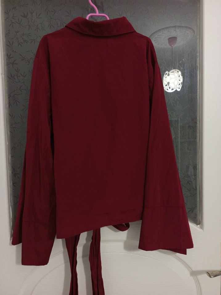 Bordo Düğmeli Uzun Kollu Salaş Gömlek - Görsel 5