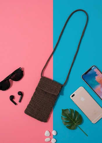 Kağıt İp İle Örülmüş Kahverengi Kadın Çapraz Telefon  Çantası - Görsel 3