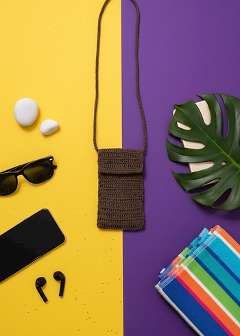 Kağıt İp İle Örülmüş Kahverengi Kadın Çapraz Telefon  Çantası - Görsel 2