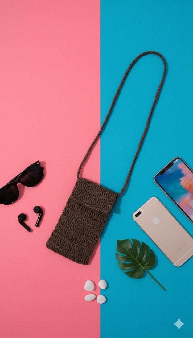 Kağıt İp İle Örülmüş Kahverengi Kadın Çapraz Telefon  Çantası - Görsel 3