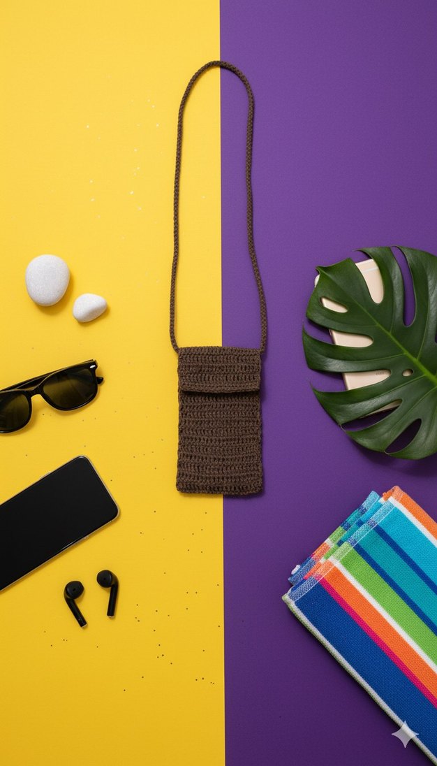 Kağıt İp İle Örülmüş Kahverengi Kadın Çapraz Telefon  Çantası - Görsel 2