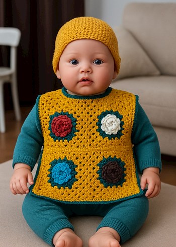 El örgüsü Sarı  Çicekli Bebek Süveteri - Görsel 4