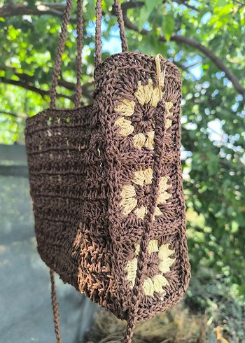 Kahverengi El Örgüsü Motifli Bohem Kadın Çanta - Görsel 3